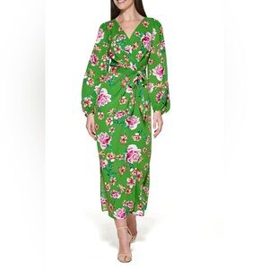 kensie Women's Balloon Sleeve Tie Waist Floral Green Maxi Dress